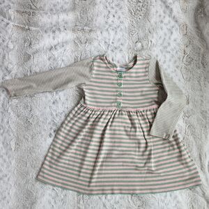 Hanna Andersson Pink and Sage Striped Button-Front Long Sleeve Dress